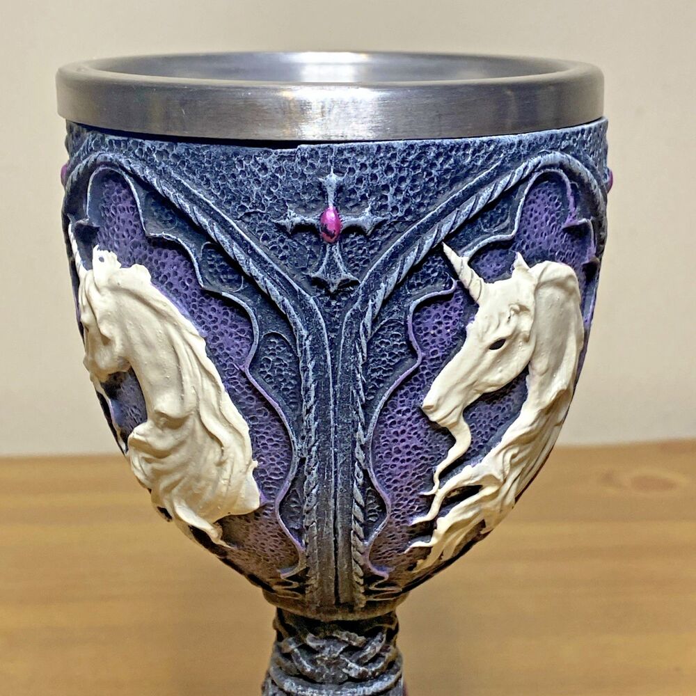 Unicorn Goblet Celtic Meidevel Halloween Purple Stone 7.5” Remove Steel Insert - Picture 6 of 7